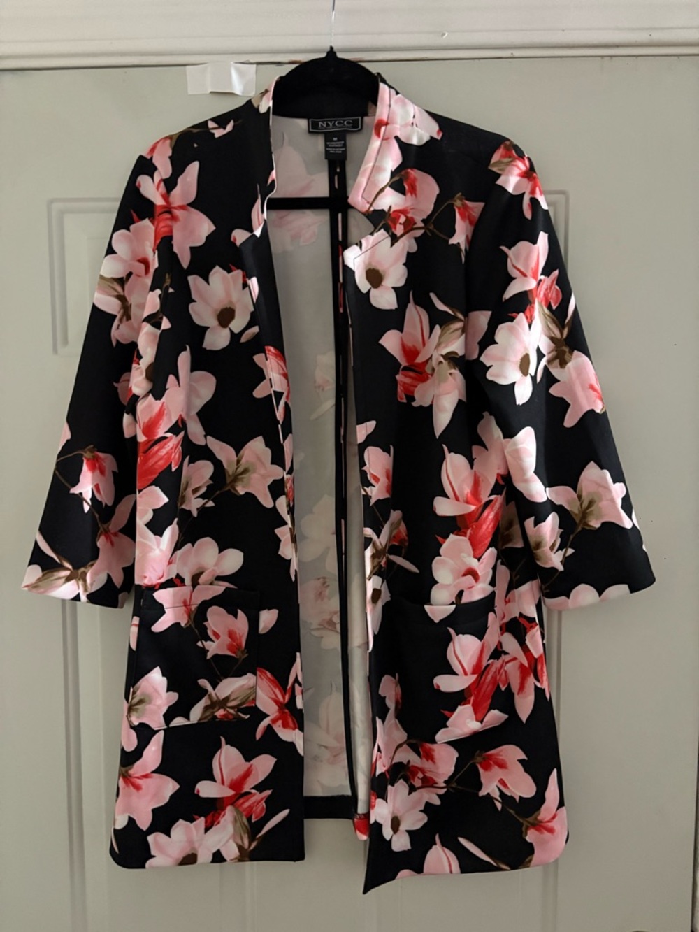 New York & Company Black Floral Open-Front Blazer with Pink Accents